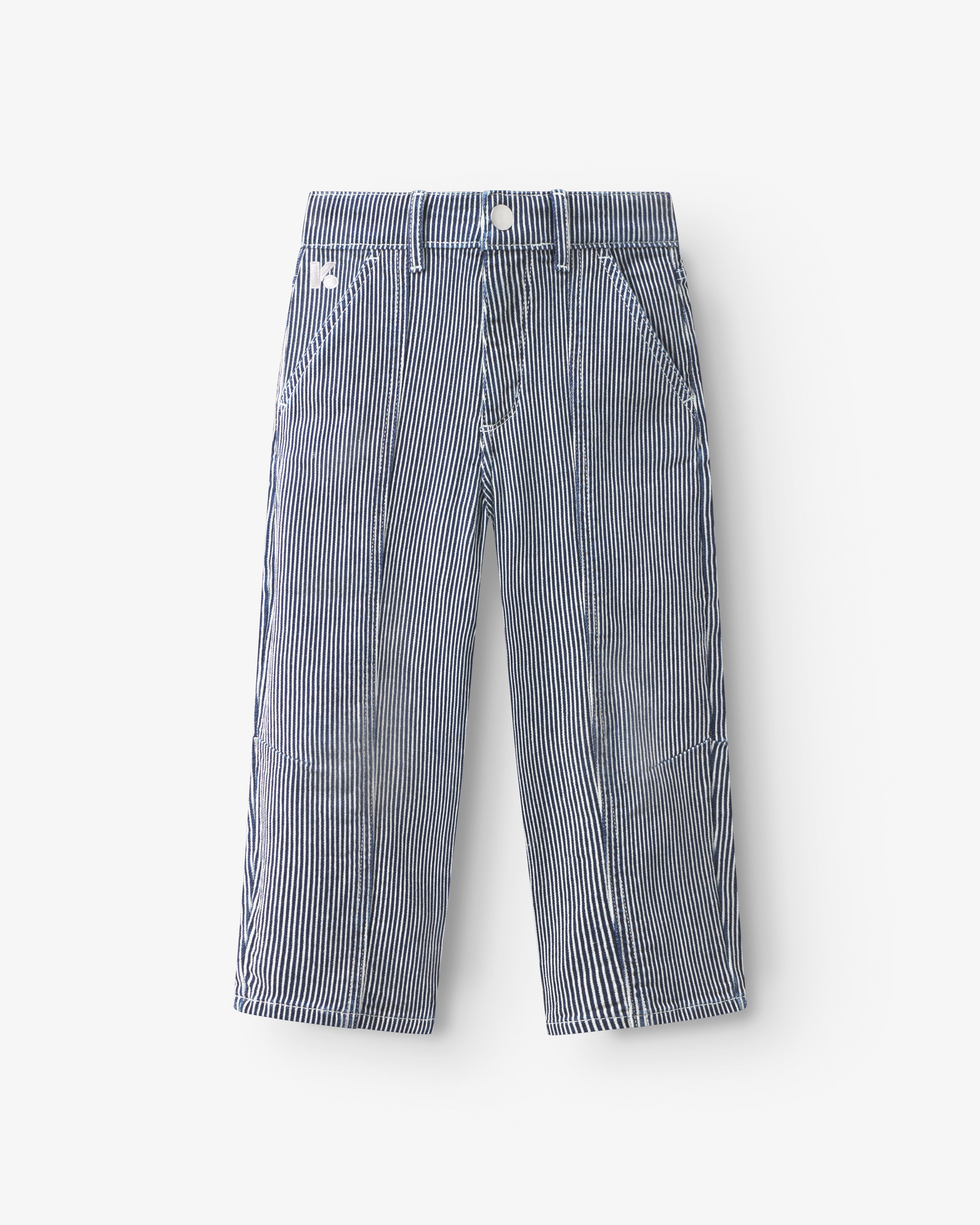 Pantalon enfant en denim rayé bleu et blanc, forme légèrement ballon avec poches italiennes